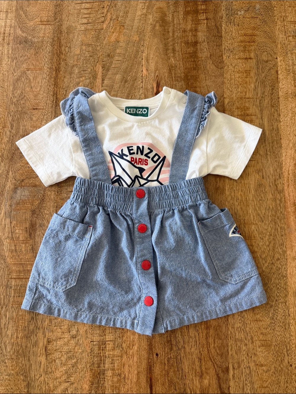 Kenzo Paris White Tee with Blue Suspender Skirt Set
